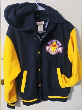 Vintage Disney Pooh "100 Acre" Wool Blue/Yellow Varsity Jacket with hood size SM